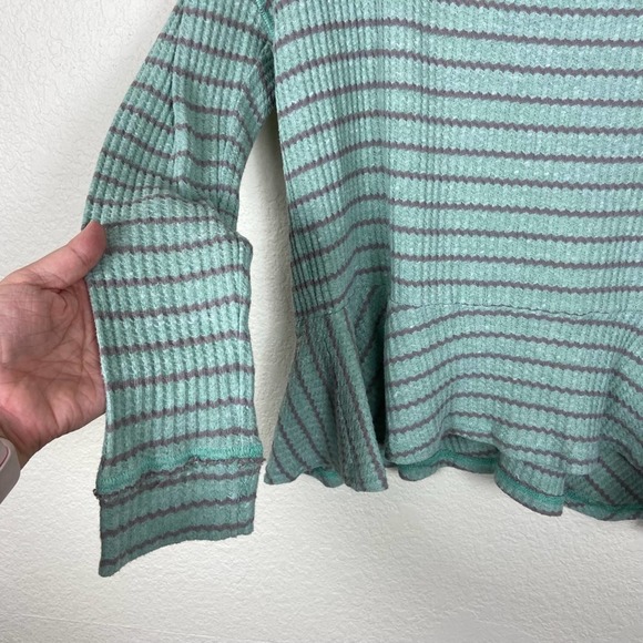 Free People Seaform Striped Knit Sweater Top Aquamarine Peplum Ruffle Hem Medium - Picture 7 of 12
